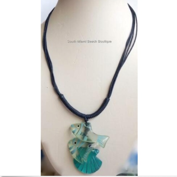 Sea Life Fish Shell Rope Necklace Surfer Island Blue Green Fair Trade 19" - Picture 3 of 8